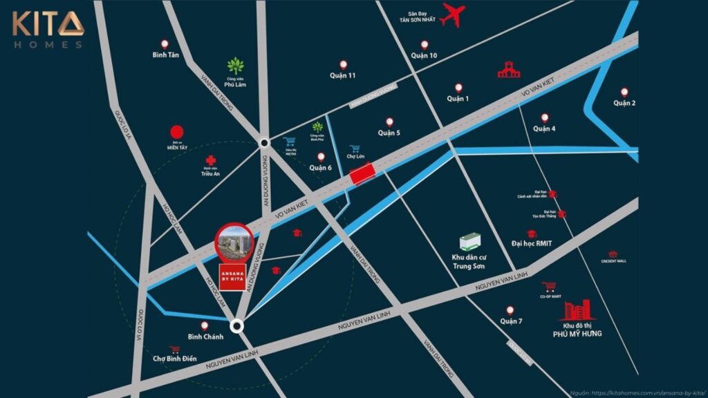 Sơ đồ vị trí đắc địa và khả năng kết nối giao thông của dự án Ansana by Kita trên đại lộ Võ Văn Kiệt.